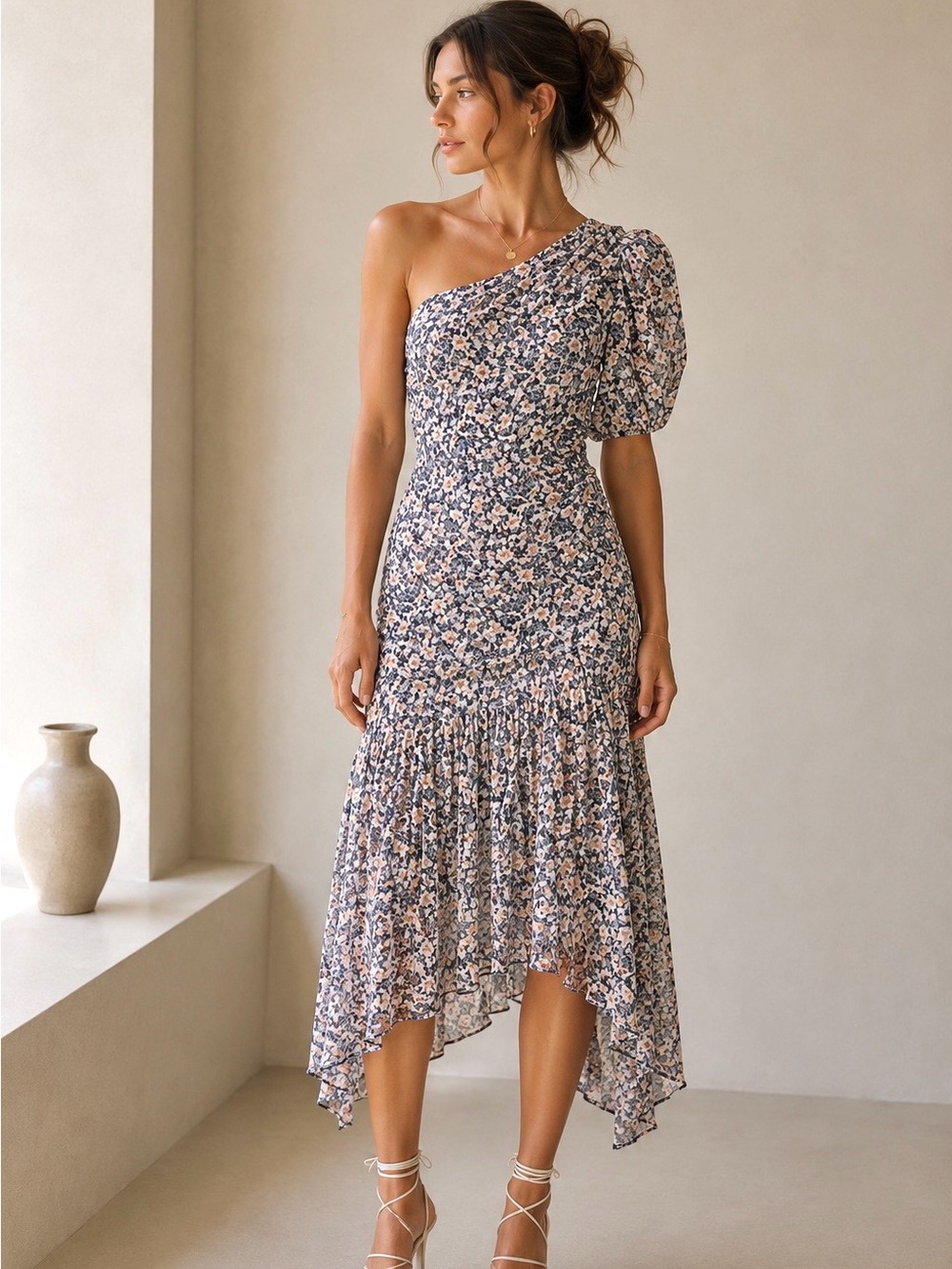 Astr One-Shoulder Puff Sleeve Floral Midi Dress in Navy and Blush